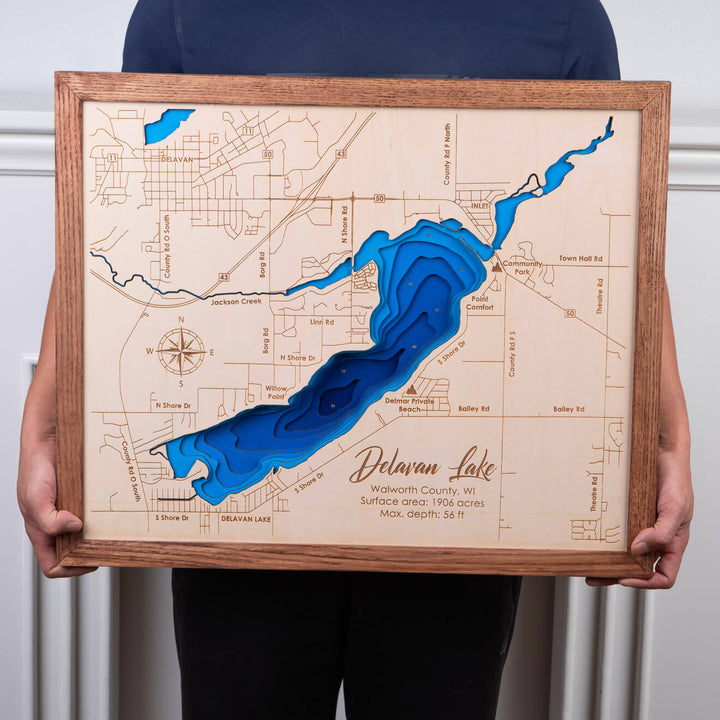 Admire the detailed craftsmanship of our Delavan Lake 3D Wooden Map Wall Art, a Moc Tho masterpiece