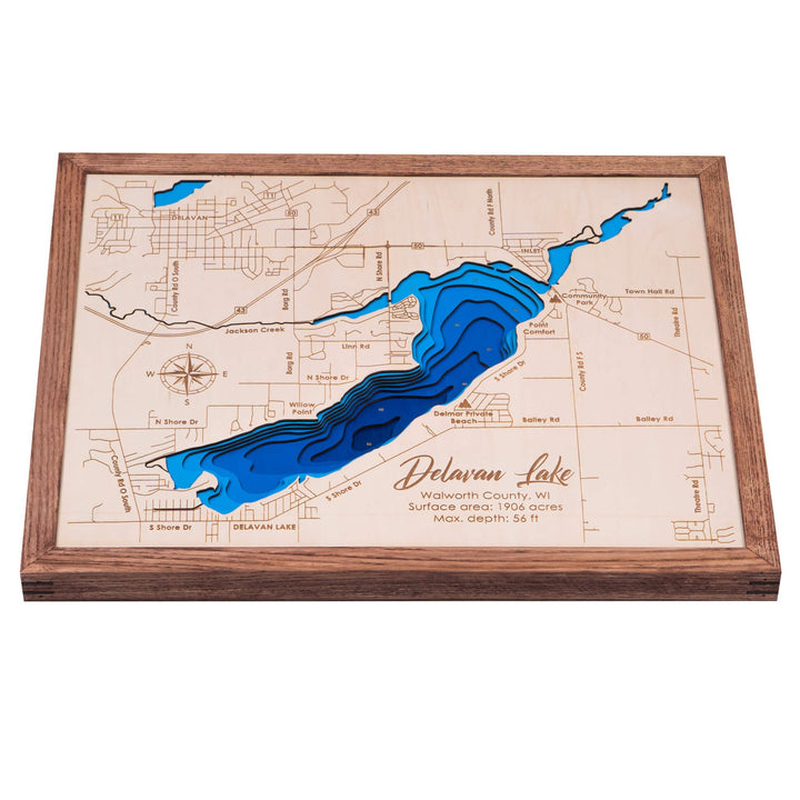 the intricate details of our Delavan Lake 3D Wooden Nautical Map, a unique wall art piece by Moc Tho