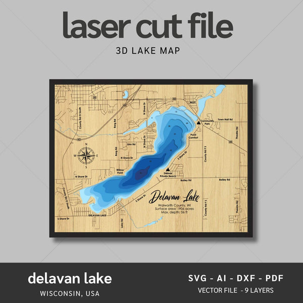 Delavan Lake, Wisconsin Laser Map Files - 9 Layers - Svg/Ai/Dxf/Pdf