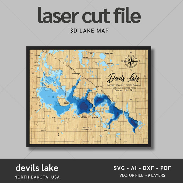 Devils Lake, North Dakota Laser Map Files - 9 Layers - Svg/Ai/Dxf/Pdf