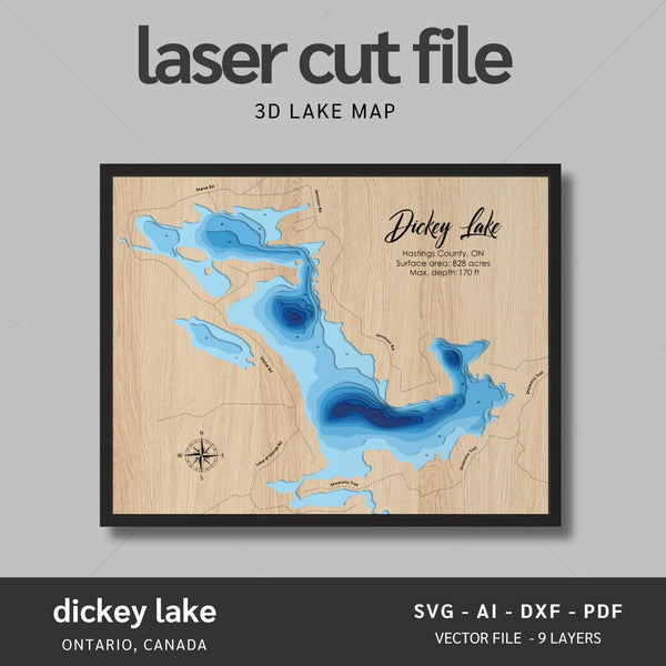 Dickey Lake, Ontario Laser Map Files - 9 Layers - Svg/Ai/Dxf/Pdf