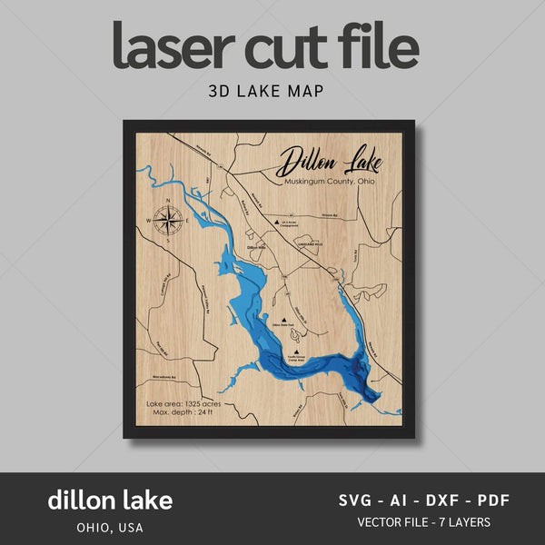 Dillon Lake, Ohio Laser Map Files - 7 Layers - Svg/Ai/Dxf/Pdf