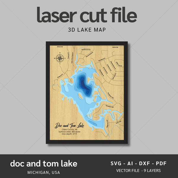 Doc and Tom, Michigan Lake Laser Map Files - 9 Layers - Svg/Ai/Dxf/Pdf