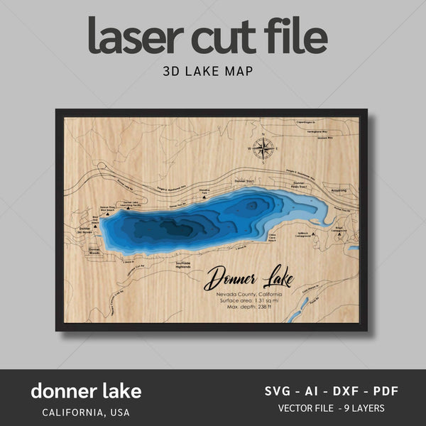 Donner Lake, California Laser Map Files - 9 Layers - Svg/Ai/Dxf/Pdf