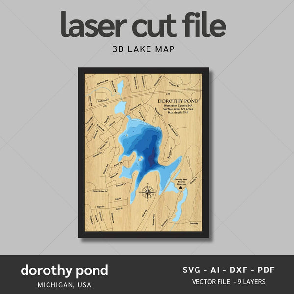 Dorothy Pond, Michigan Laser Map Files - 9 Layers - Svg/Ai/Dxf/Pdf