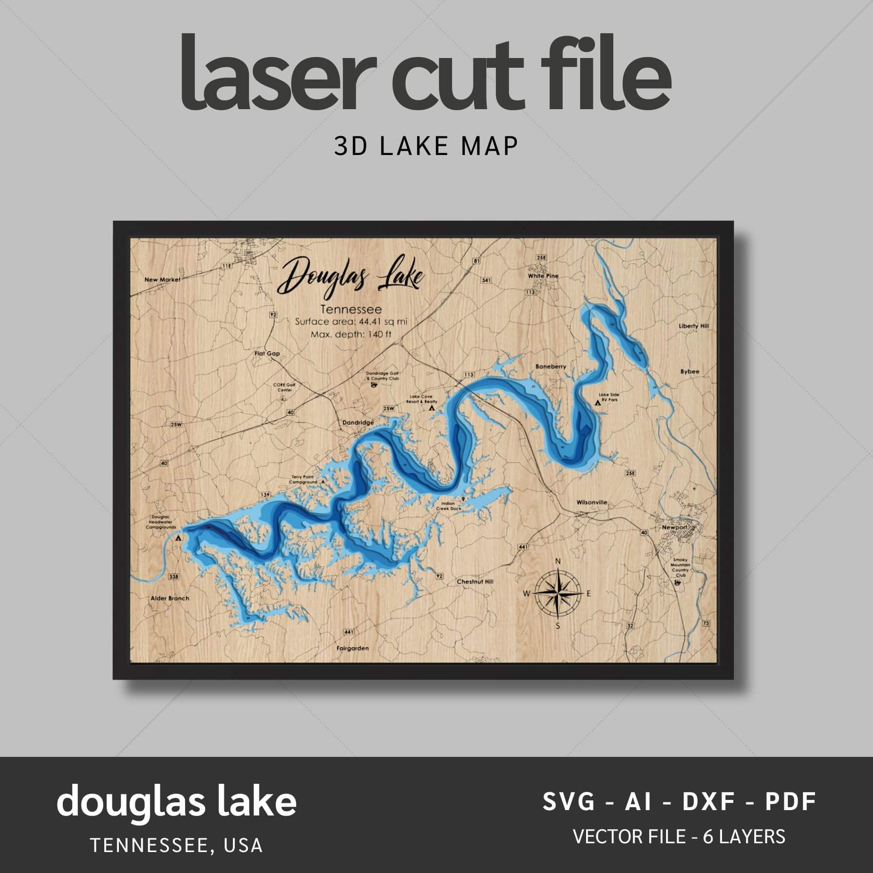 Douglas Lake, Tennessee Laser Map Files - 6 Layers - Svg/Ai/Dxf/Pdf ...