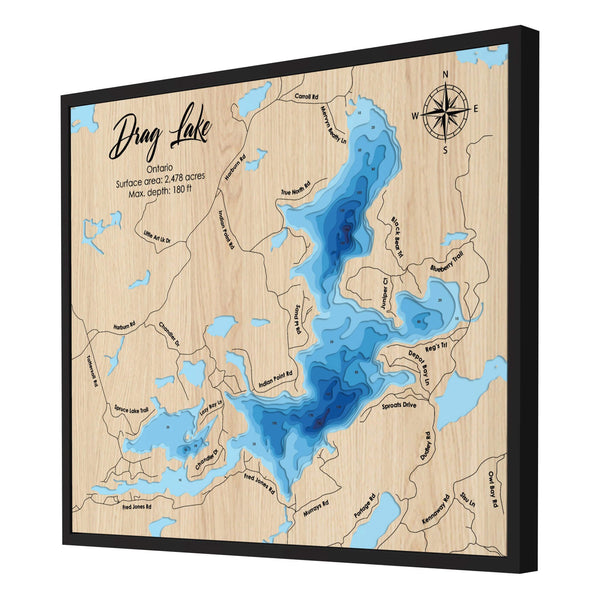 Drag Lake Map, Canada - Personalized 3D Wooden Map - Depth Map Wall Art - Nautical Decor for Lake House