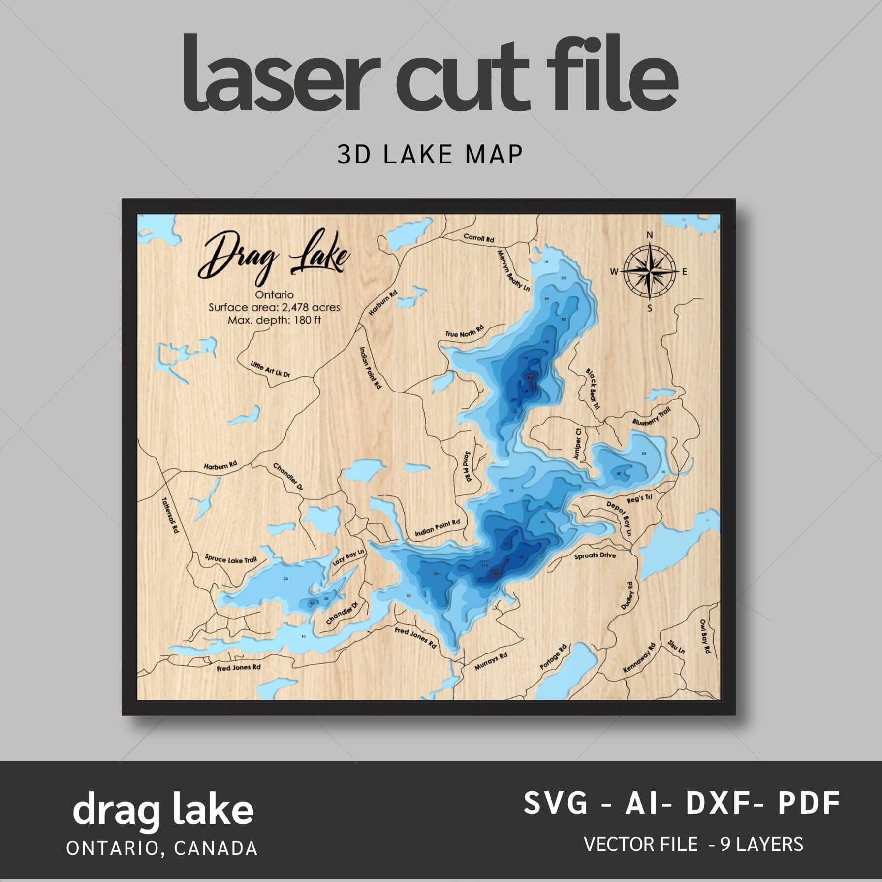 Drag Lake, Canada Laser Map Files - 9 Layers - Svg/Ai/Dxf/Pdf – Moc Tho LLC