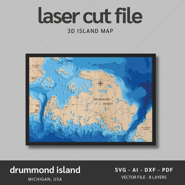 Drummond Island, Michigan Laser Map Files - 8 Layers - Svg/Ai/Dxf/Pdf