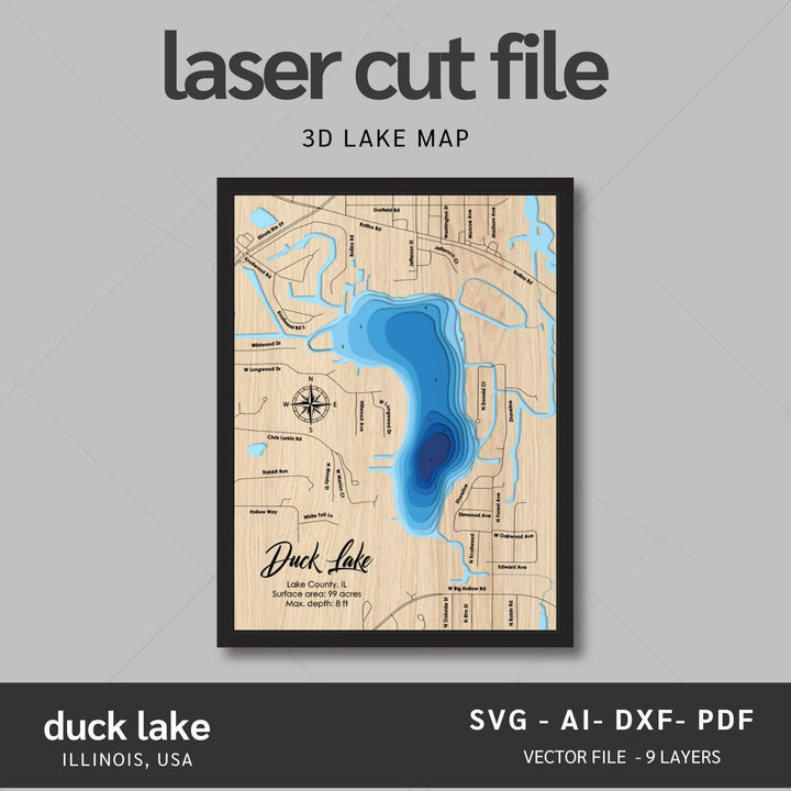 Intricate Duck Lake 3D Laser Cut Map Files with personalization options, presented by Moc Tho