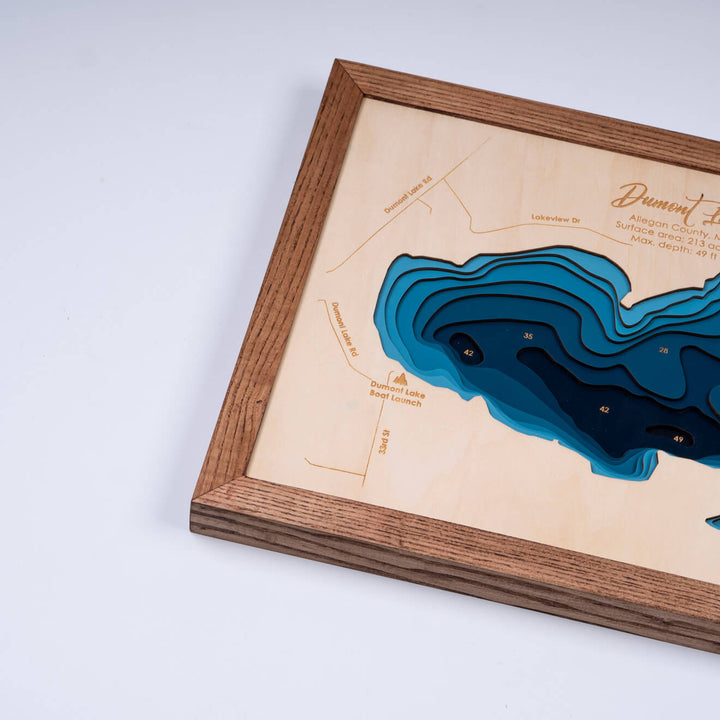 Discover the intricate details of our Dumont Lake 3D Wooden Nautical Map Wall Art, exclusively by Moc Tho