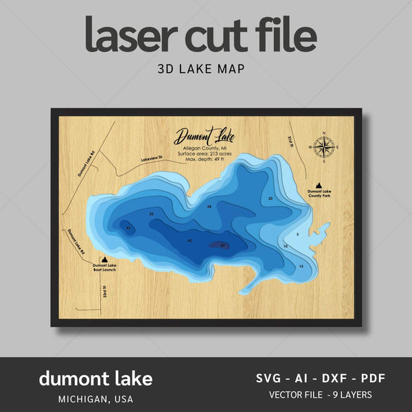 Dumont Lake, Michigan Laser Map Files - 9 Layers - Svg/Ai/Dxf/Pdf