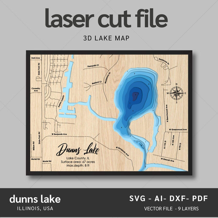 Intricate Dunns Lake 3D Laser Cut Map Files with personalization options, presented by Moc Tho
