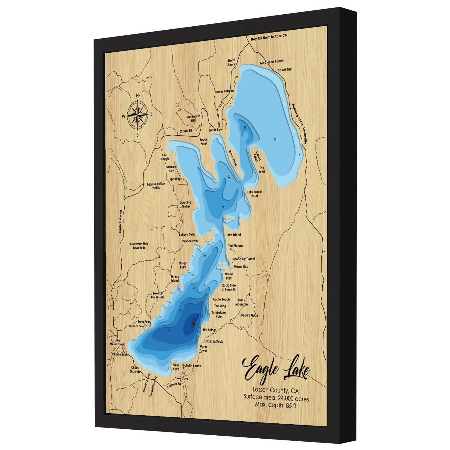 Eagle Lake, California 3D Wooden Map Blue 9 Layers Moc Tho LLC