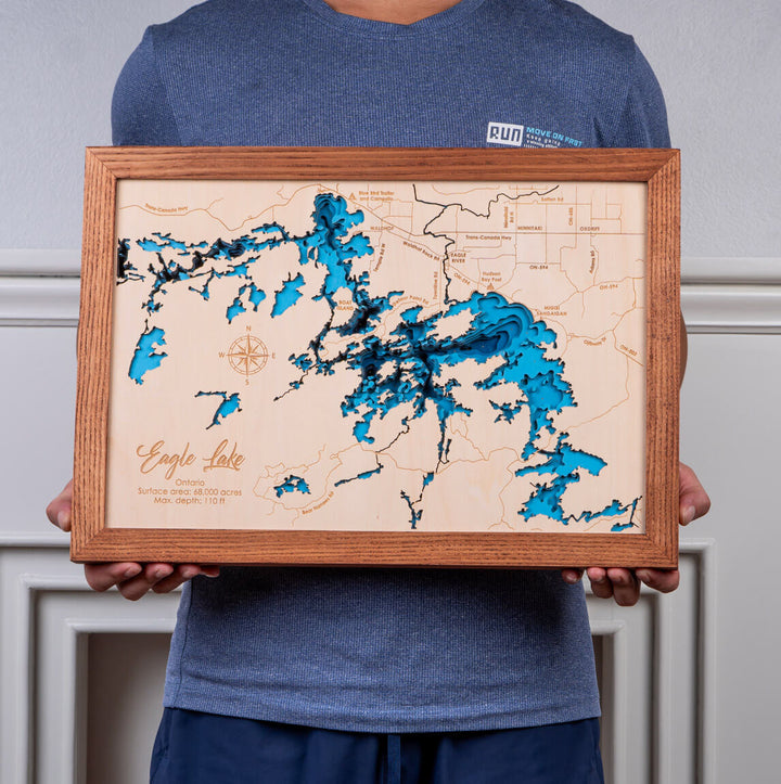 details of our Eagle Lake 3D Wooden Nautical Map Wall Art, exclusively by Moc Tho