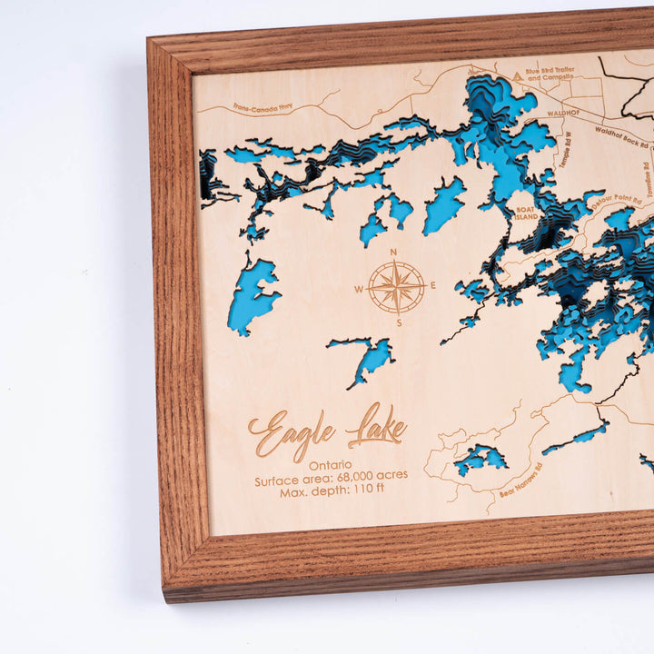 Experience the topography of our Eagle Lake 3D Wooden Nautical Map Wall Art, exclusively by Moc Tho.