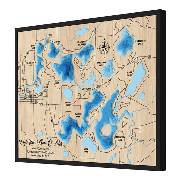 Eagle River Chain O' Lakes Map - Personalized 3D Wood Map - Depth Map Wall Art - Nautical Decor for Lake House