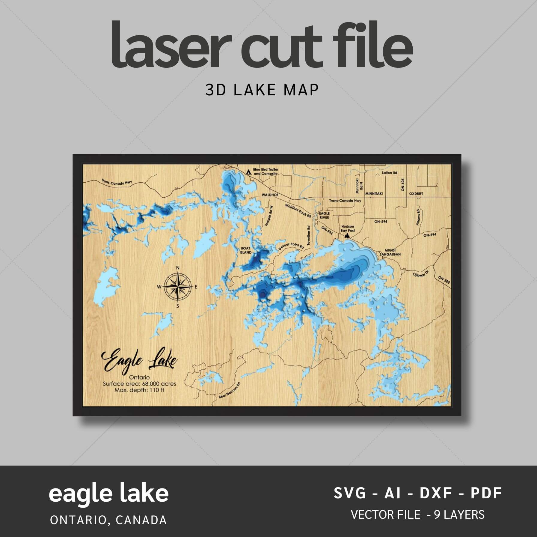 Eagle Lake, Ontario Laser Map Files - 9 Layers - Svg/Ai/Dxf/Pdf – Moc ...