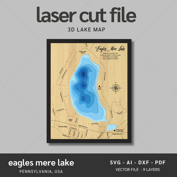 Eagles Mere Lake, Pennsylvania Laser Map Files - 9 Layers - Svg/Ai/Dxf/Pdf