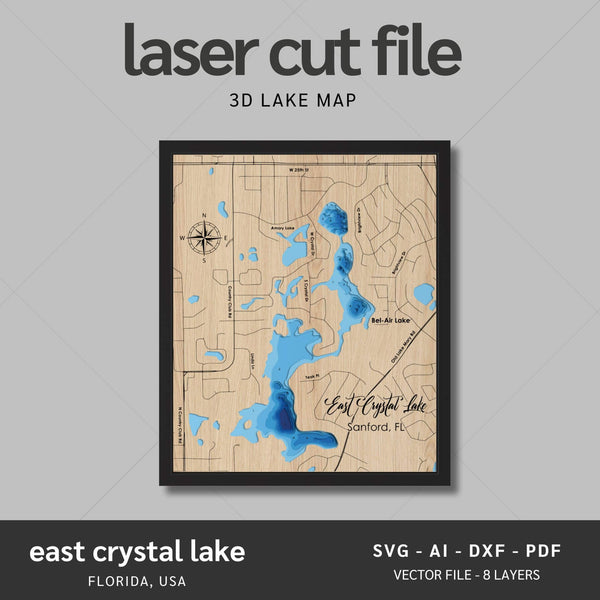 East Crystal Lake, Florida Laser Map Files - 8 Layers - Svg/Ai/Dxf/Pdf