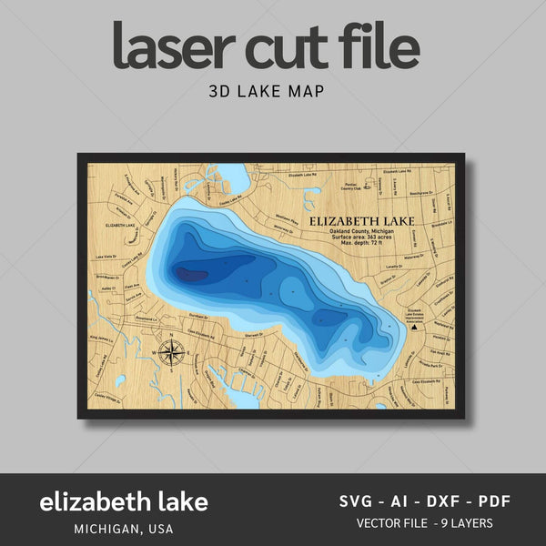 Elizabeth Lake, Michigan Laser Map Files - 9 Layers - Svg/Ai/Dxf/Pdf