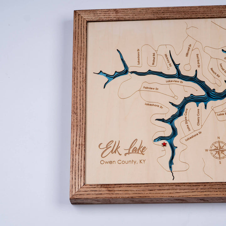 Discover the intricate detail of our Elk Lake 3D Wooden Nautical Map Wall Art, a custom piece by Moc Tho