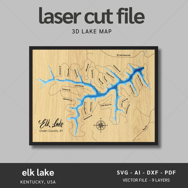 Elk Lake, Kentucky Laser Map Files - 9 Layers - Svg/Ai/Dxf/Pdf