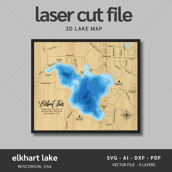 Elkhart Lake, Wisconsin Laser Map Files - 9 Layers - Svg/Ai/Dxf/Pdf