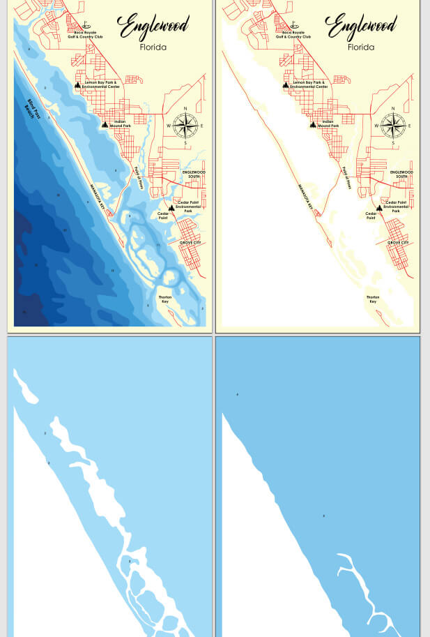 Multi-layer design for depth effect of lake, coastal, give Laser cut map files 3D topography representation of Englewood