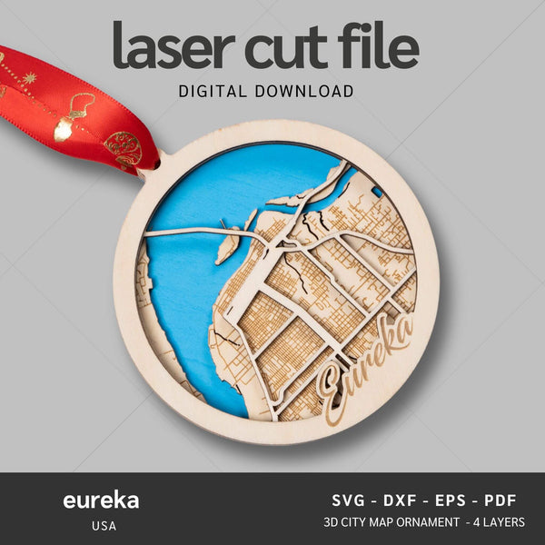 Eureka, California USA City Map Ornaments Files - 4 Layers - Svg/Ai/Dxf/Pdf