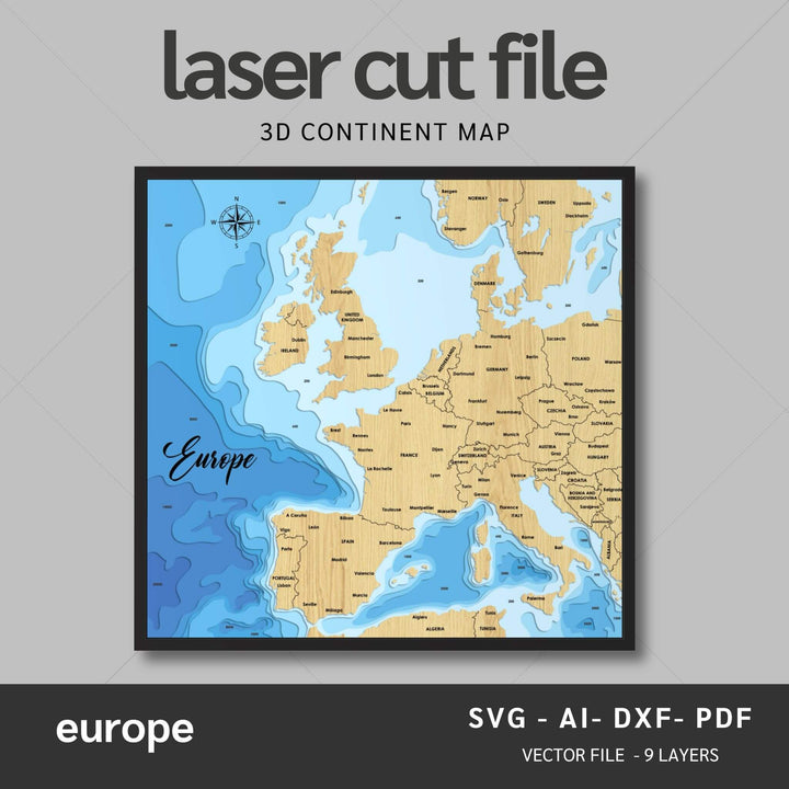 Intricate Europe 3D Laser Cut Map Files with personalization options, presented by Moc Tho