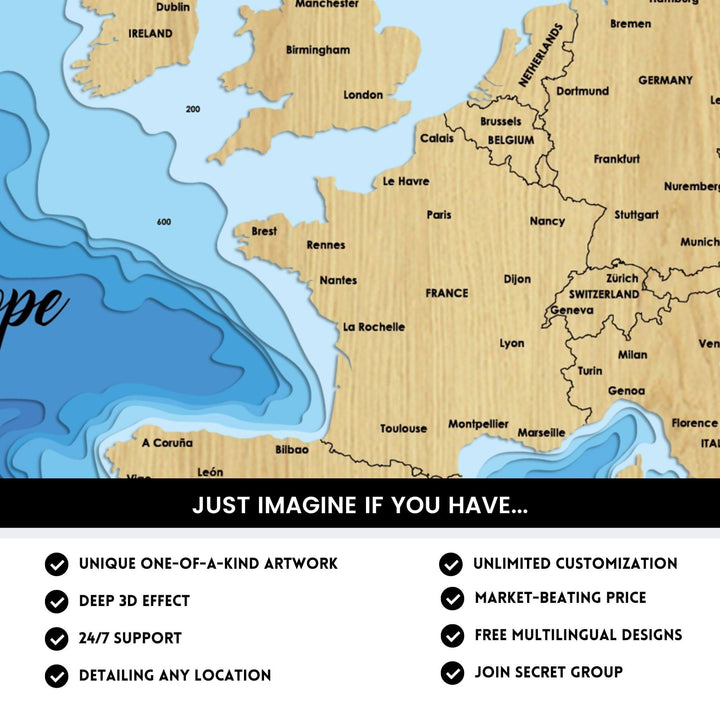 Details of Europe 3D Depth Map FIles, unique wall art, deep effect, unlimited customization