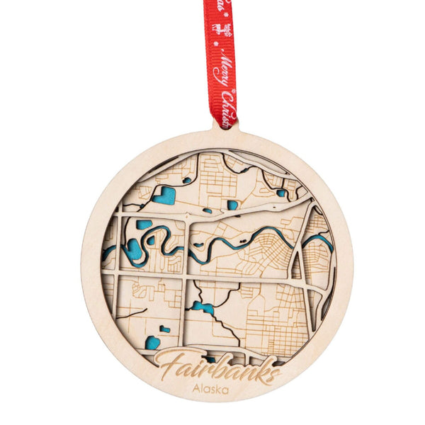 Fairbanks, AK 3D Wooden City Map Ornament – 4.5’’x4’’ - Blue