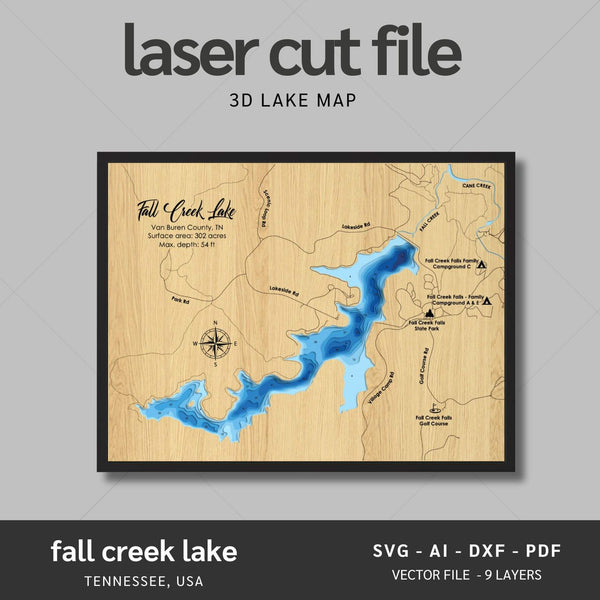 Fall Creek Lake, Tennessee Laser Map Files - 9 Layers - Svg/Ai/Dxf/Pdf