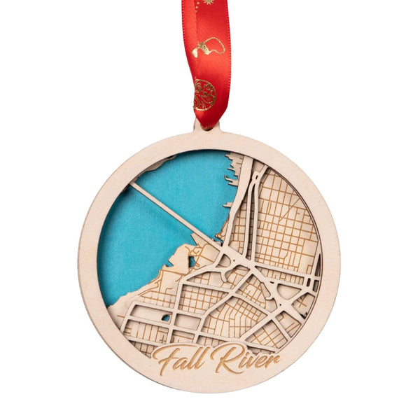 Fall River, Massachusetts USA 3D Wooden City Map Ornament – 4.5’’x4’’ - Blue