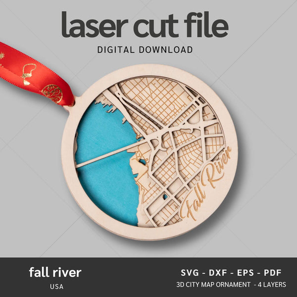 Fall River, Massachusetts USA City Map Ornaments Files - 4 Layers - Svg/Ai/Dxf/Pdf