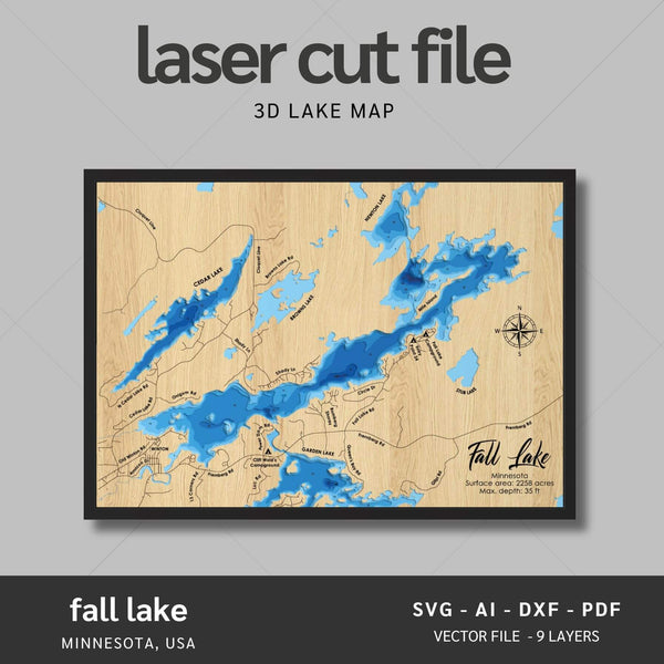 Fall Lake, Minnesota Laser Map Files - 8 Layers - Svg/Ai/Dxf/Pdf