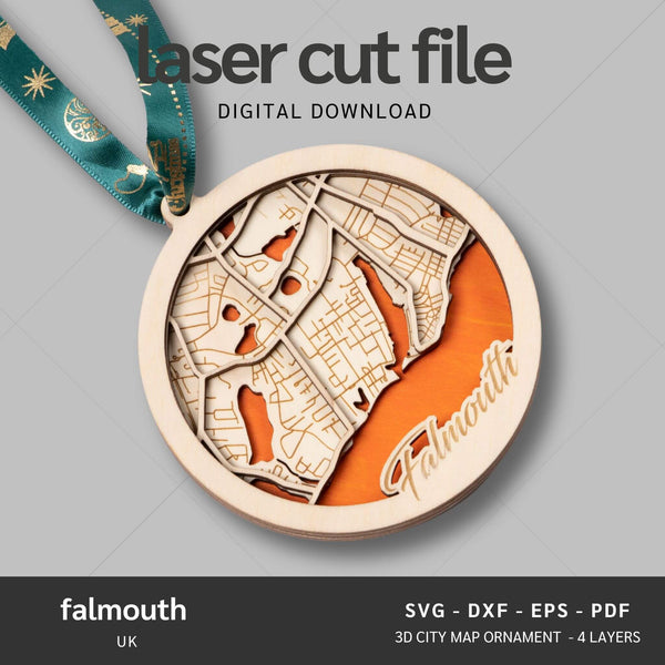 Falmouth, UK City Map Ornaments Files - 4 Layers - Svg/Ai/Dxf/Pdf