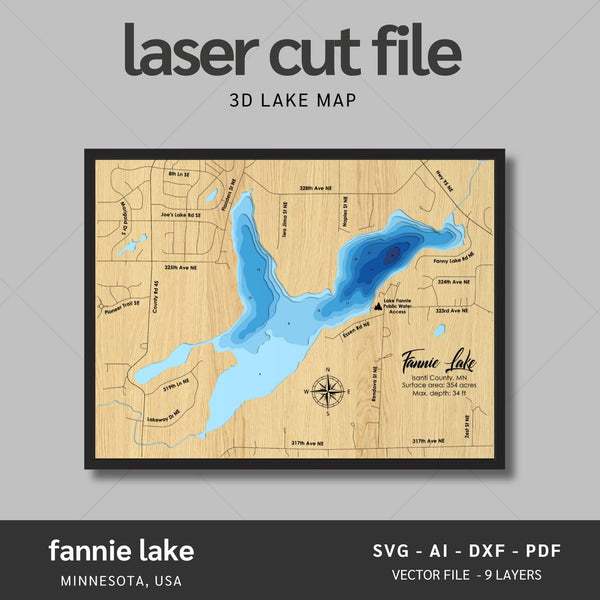 Fannie Lake, Minnesota Laser Map Files - 9 Layers - Svg/Ai/Dxf/Pdf