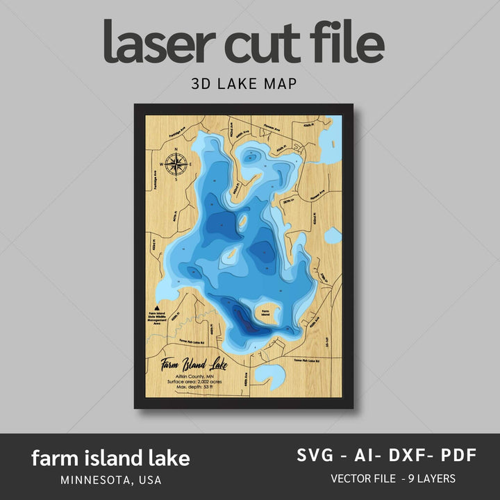 Intricate Farm Island Lake 3D Laser Cut Map Files with personalization options, presented by Moc Tho