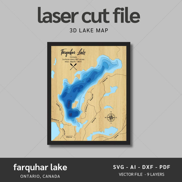 Farquhar Lake, Ontario Laser Map Files - 9 Layers - Svg/Ai/Dxf/Pdf