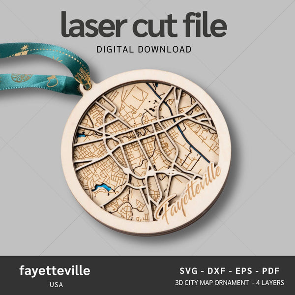 Fayetteville, North Carolina USA City Map Ornaments Files - 4 Layers - Svg/Ai/Dxf/Pdf