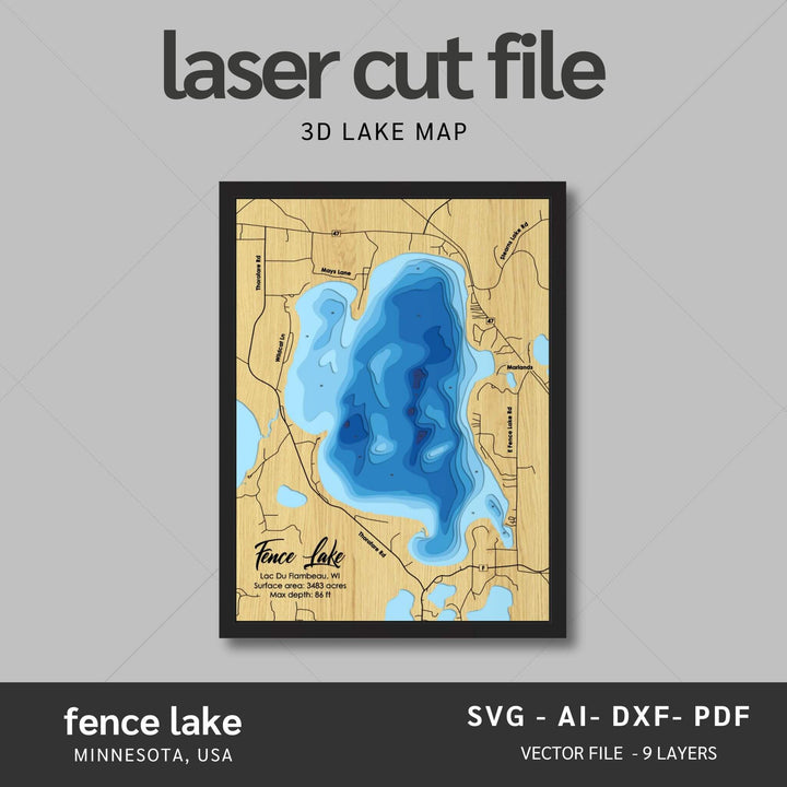 Intricate Fence Lake 3D Laser Cut Map Files with personalization options, presented by Moc Tho