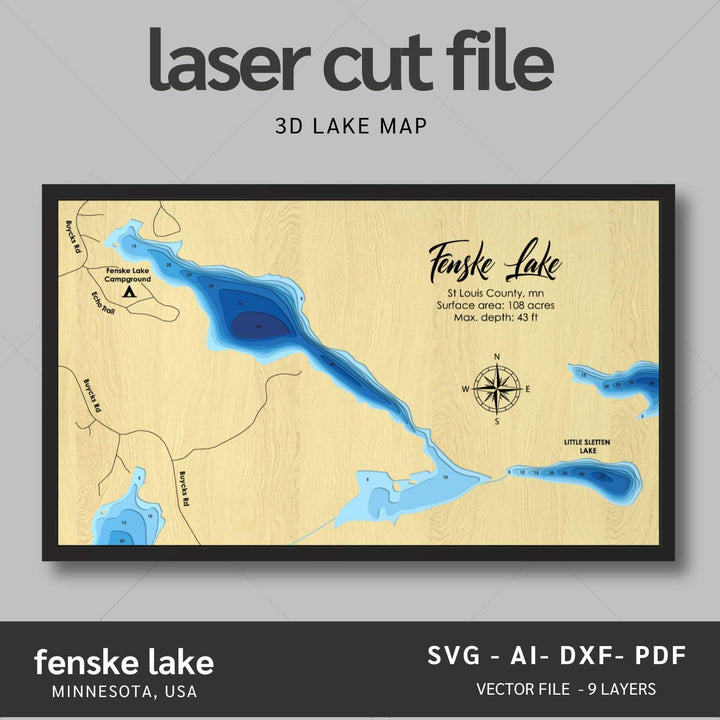 Intricate Fenske Lake 3D Laser Cut Map Files with personalization options, presented by Moc Tho
