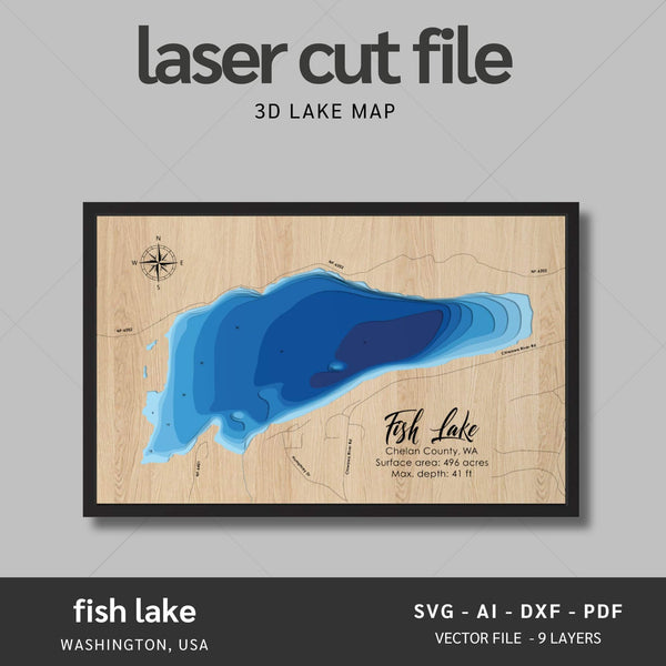 Fish Lake, Washington Laser Map Files - 9 Layers - Svg/Ai/Dxf/Pdf