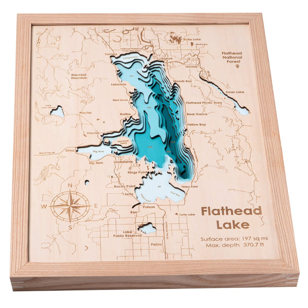 Flathead Lake 3D Wooden Map - Teal - 8 Layers