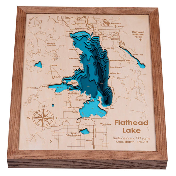 Flathead Lake 3D Wooden Map - Teal - Coffee - 8 Layers