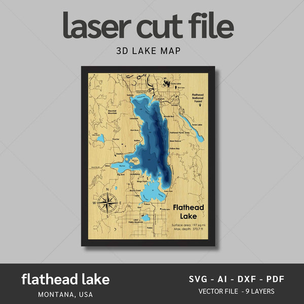 Flathead Lake, Montana Laser Map Files - 8 Layers - Svg/Ai/Dxf/Pdf