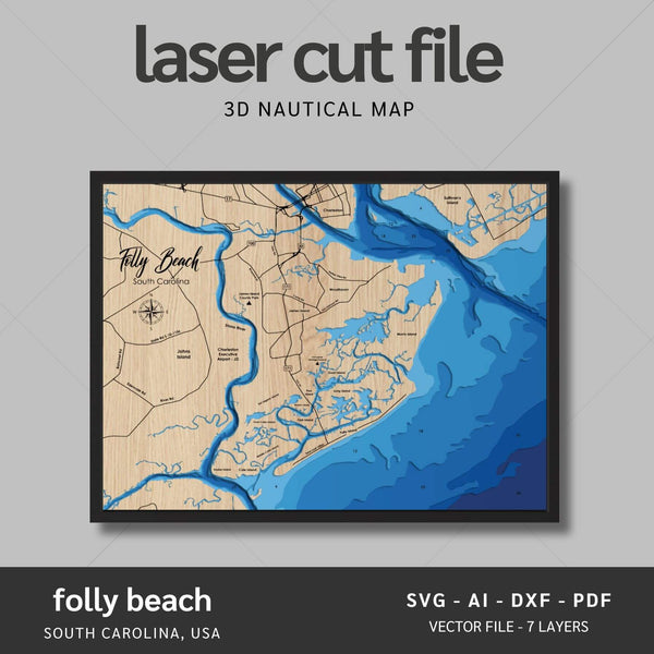 Folly Beach, South Carolina Laser Map Files - 7 Layers - Svg/Ai/Dxf/Pdf