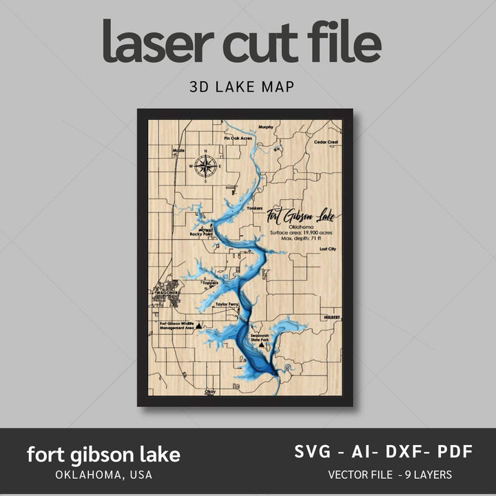 Intricate Fort Gibson Lake 3D Laser Cut Map Files with personalization options, presented by Moc Tho